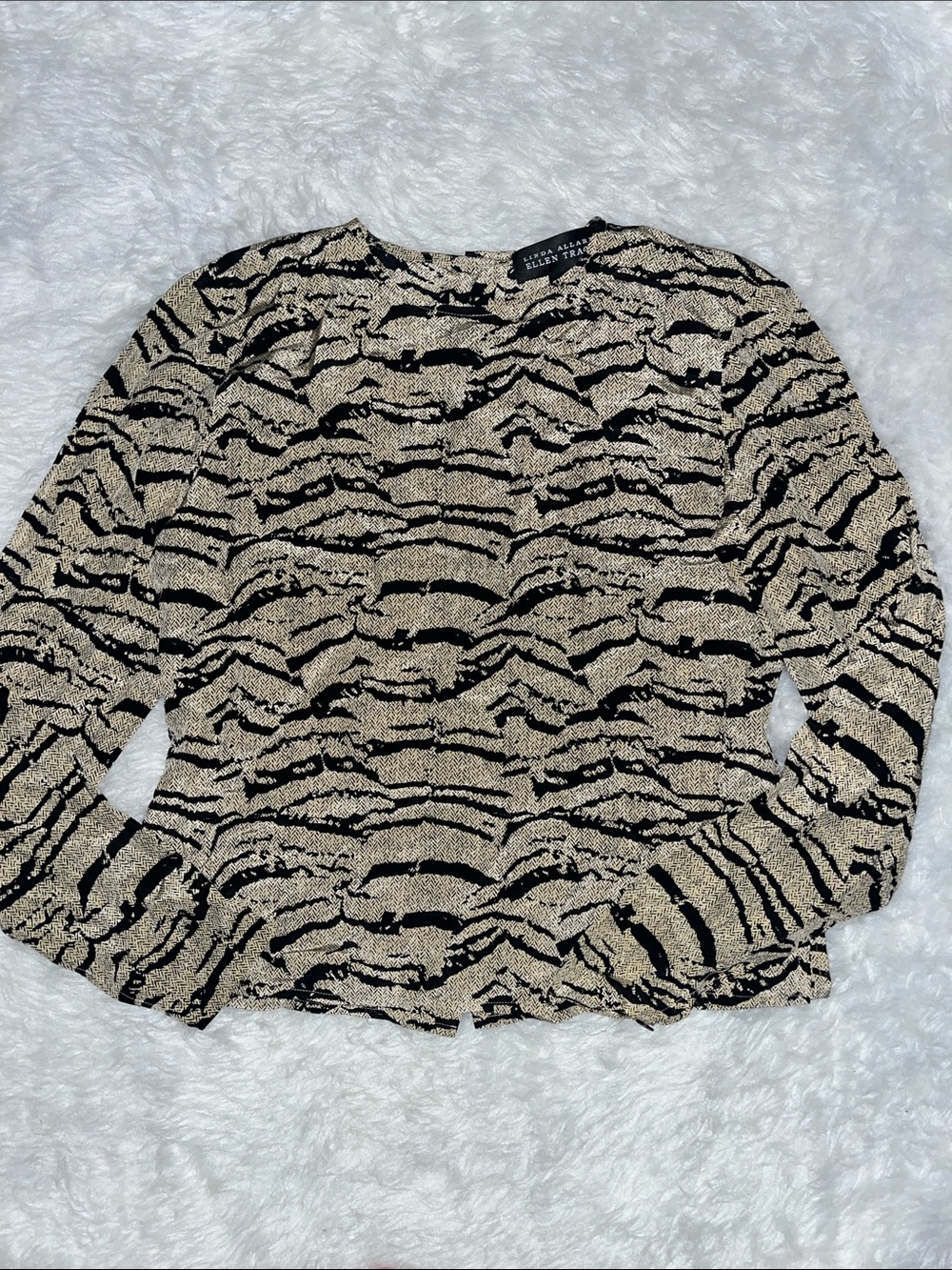 Ellen Tracy Black and Beige Animal-Print Long Sleeve Silk Blouse